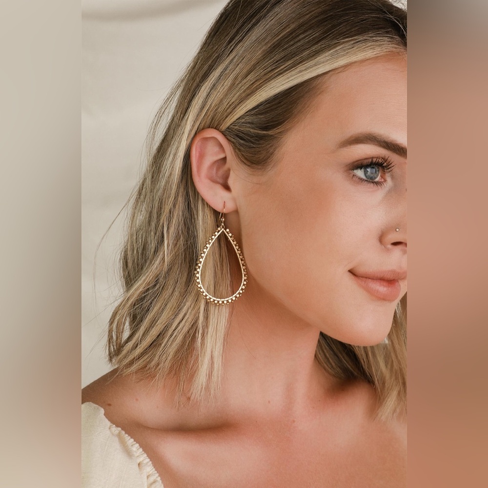 Lulus Tears Beading Down Gold Teardrop Earrings